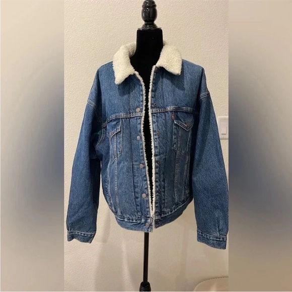 Levis Jacket Mens XL Blue Denim Jean Sherpa Lined Premium Western Trucker NWT - Picture 2 of 6